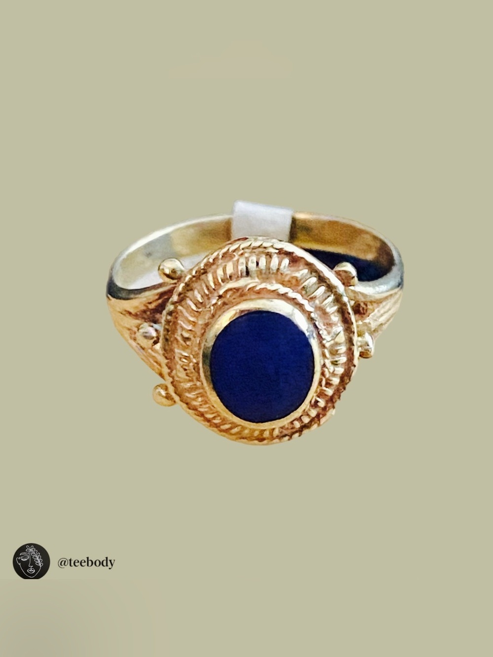 VTG NWT Blue Lapis Lazuli Copper Statement Ring Etruscan Revival Rope Border